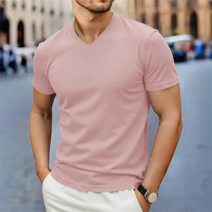 2025 New Men's Casual Fashion Simple V-neck Short Sleeved T-shirt Summer Comfortable Breathable Versatile Top NovaCart