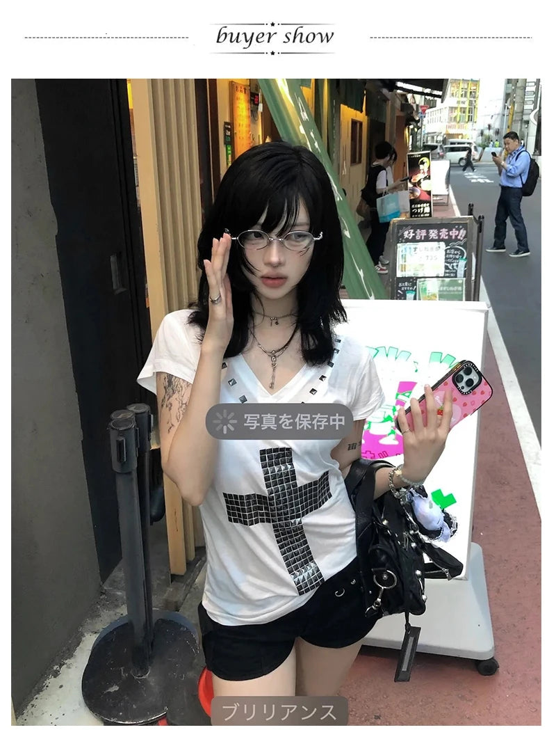 Karrram Japanese Y2k Metal Cross Print T-shirt Vintage Harajuku Short Sleeve Sheer Tops Trashy 2000s V-neck Streetwear Grunge NovaCart