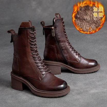 Birkuir Winter Plush Warm Boots Genuine Leather Women Snow Boots 6cm Thick Heel Shoes Handmade Side Zip Leisure Platform Boots NovaCart