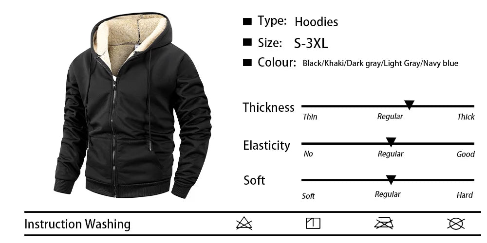 Winter Men's Zipper Jacket Fleece Warm Windproof Hoodies Heavyweight Cardigan Casual Sports Long Sleeve Sweatshirts Hooded Coat NovaCart