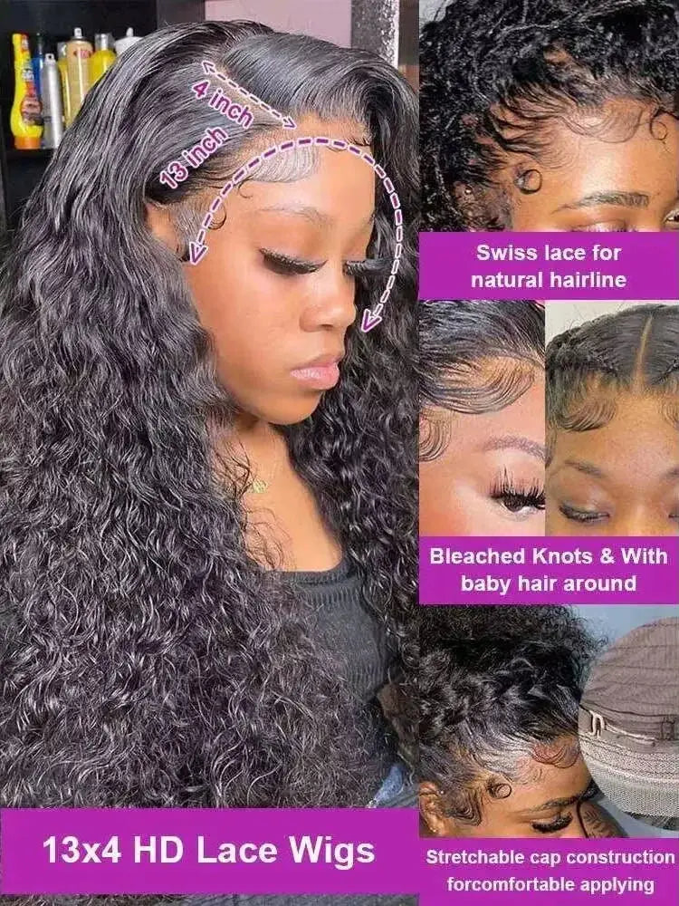 13x6 Glueless 250 Density Brazilian Deep Wave Curly HD Lace Frontal 100% Human Hair Wig For Women Preplucked Best Hair Water Wig NovaCart