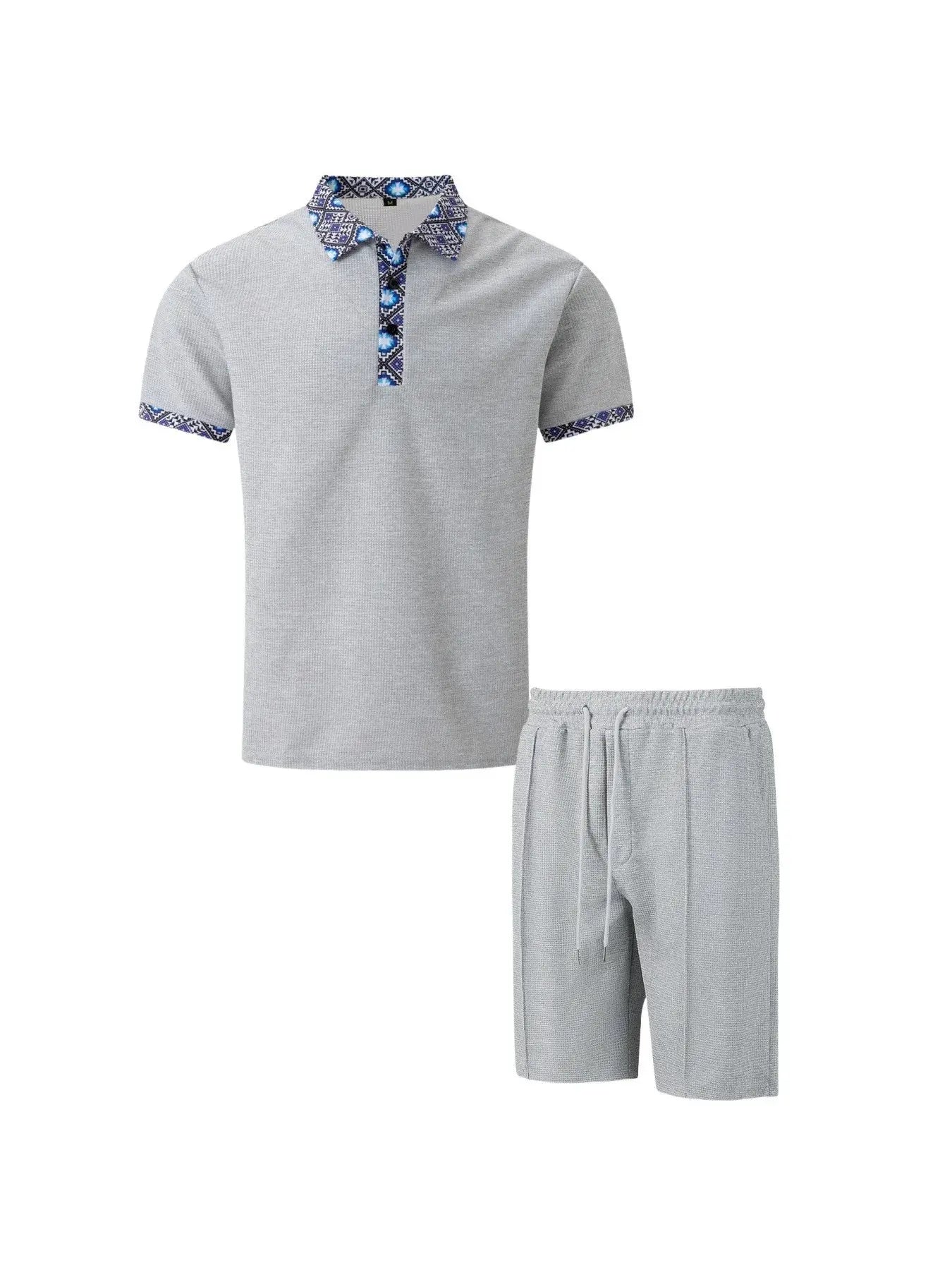 2025 Men Europe and the United States new summer Waffle solid color zip-up lapel short-sleeve suit shorts two sets NovaCart