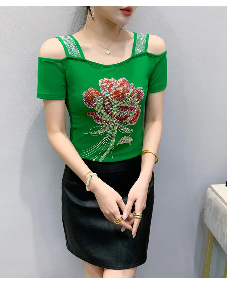 M-3XL Summer European Women's Clothes High Quality T-Shirt Luxury Hot Diamonds Design Slim Tees Sexy Girls Streetwear Tops NovaCart