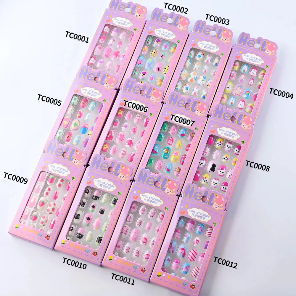 24Pcs/box Kids nails for Girl Cartoon Pattern False Nail Cute Child Fake Nails Tips Kawaii Acrylic Artificial Press on Nail+Tool NovaCart