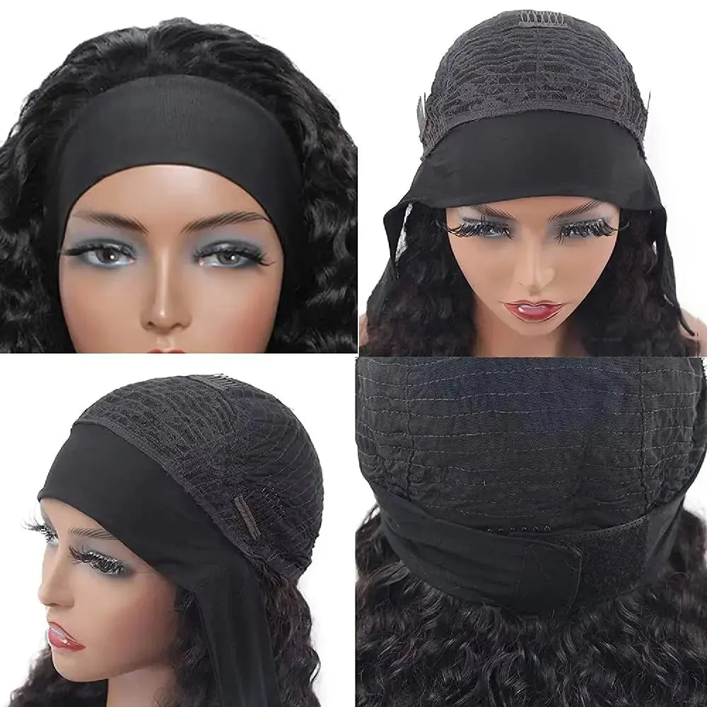 Deep Wave Headband Wig Human Hair 200% Density Wigs For Women 100% Real Hair Wigs Full Machine Made Wigs Natural Black Hair NovaCart