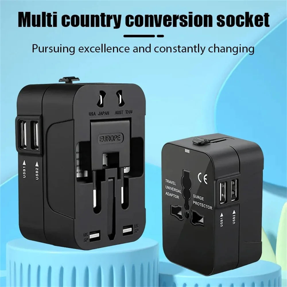 International Travel Plug Adapter EU US UK AU to Universal AC Power Converter Socket with 2 USB Ports Safety Shutter Locking Pi-Mart