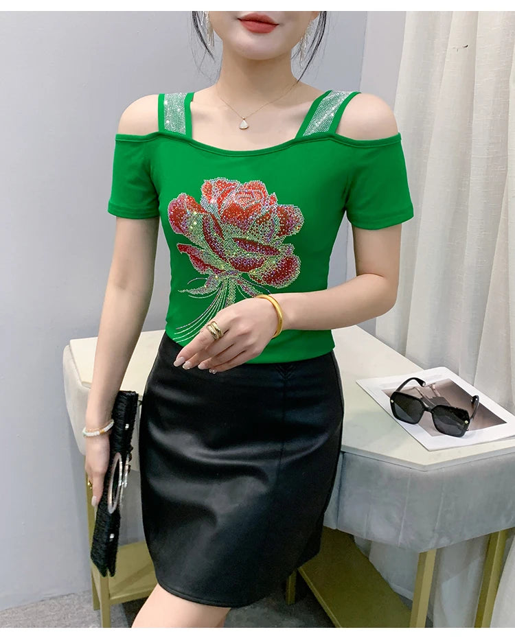 M-3XL Summer European Women's Clothes High Quality T-Shirt Luxury Hot Diamonds Design Slim Tees Sexy Girls Streetwear Tops NovaCart