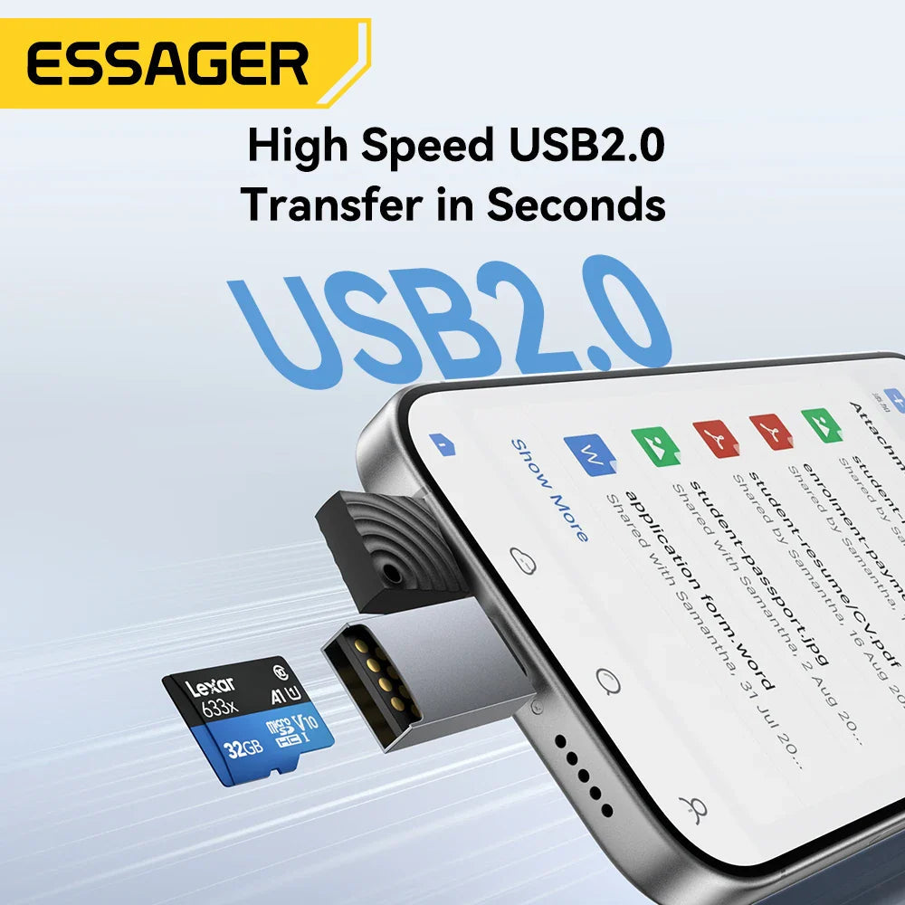 Essager 2-in-1 Mini Type C USB2.0 Card Reader Adapter Micro SD TF Memory Card Reader for iPhone 16 15 Pro Huawei Macbook iPad Pi-Mart