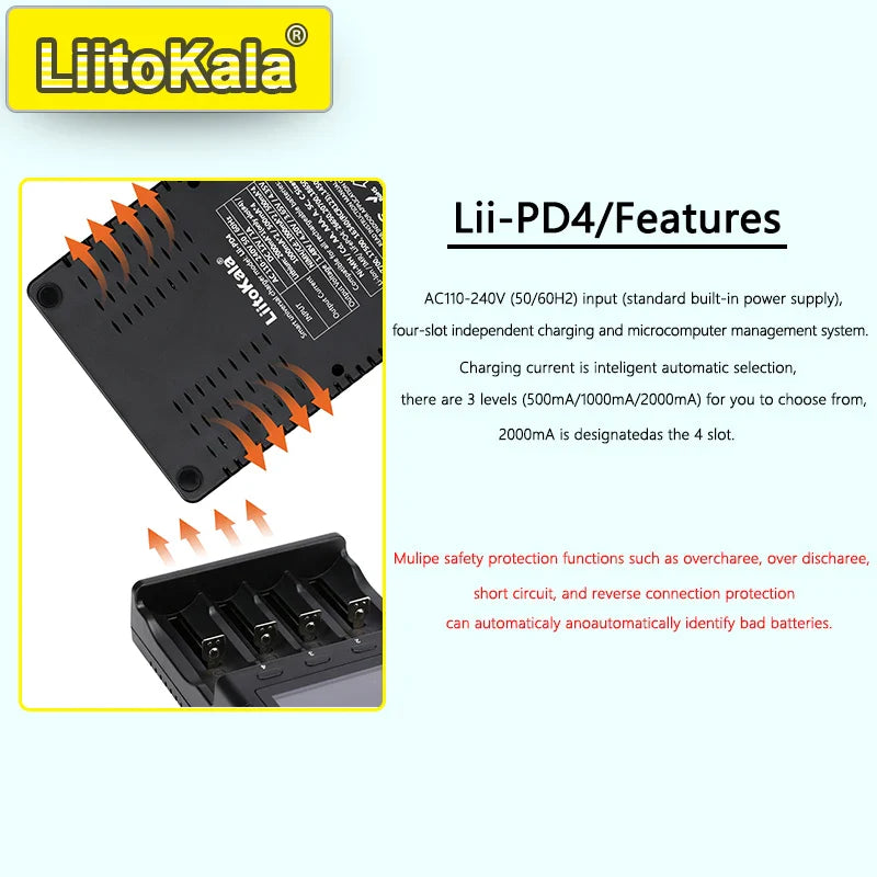LiitoKala Lii-PD4/PD2 AC PD Charger LCD Fast Charging 4/2-Bay for 21700/18650/AA/AAA Multi-Protection Auto-Detect Pi-Mart
