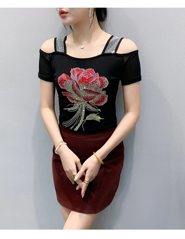 M-3XL Summer European Women's Clothes High Quality T-Shirt Luxury Hot Diamonds Design Slim Tees Sexy Girls Streetwear Tops NovaCart