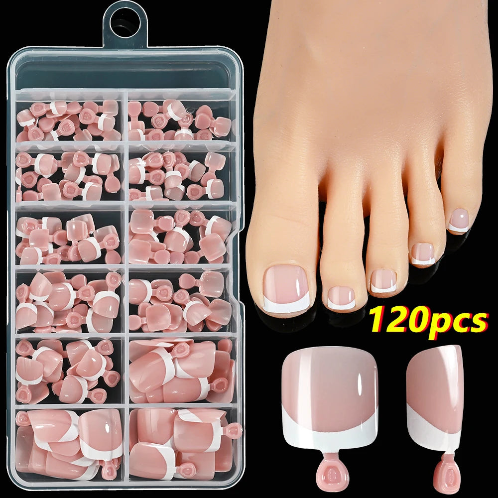 120pcs/Box French Tip Press-On Toenails Pink Color System Square Shape Foot Nails Short Length Glossy Finish False Toe Nails Set NovaCart