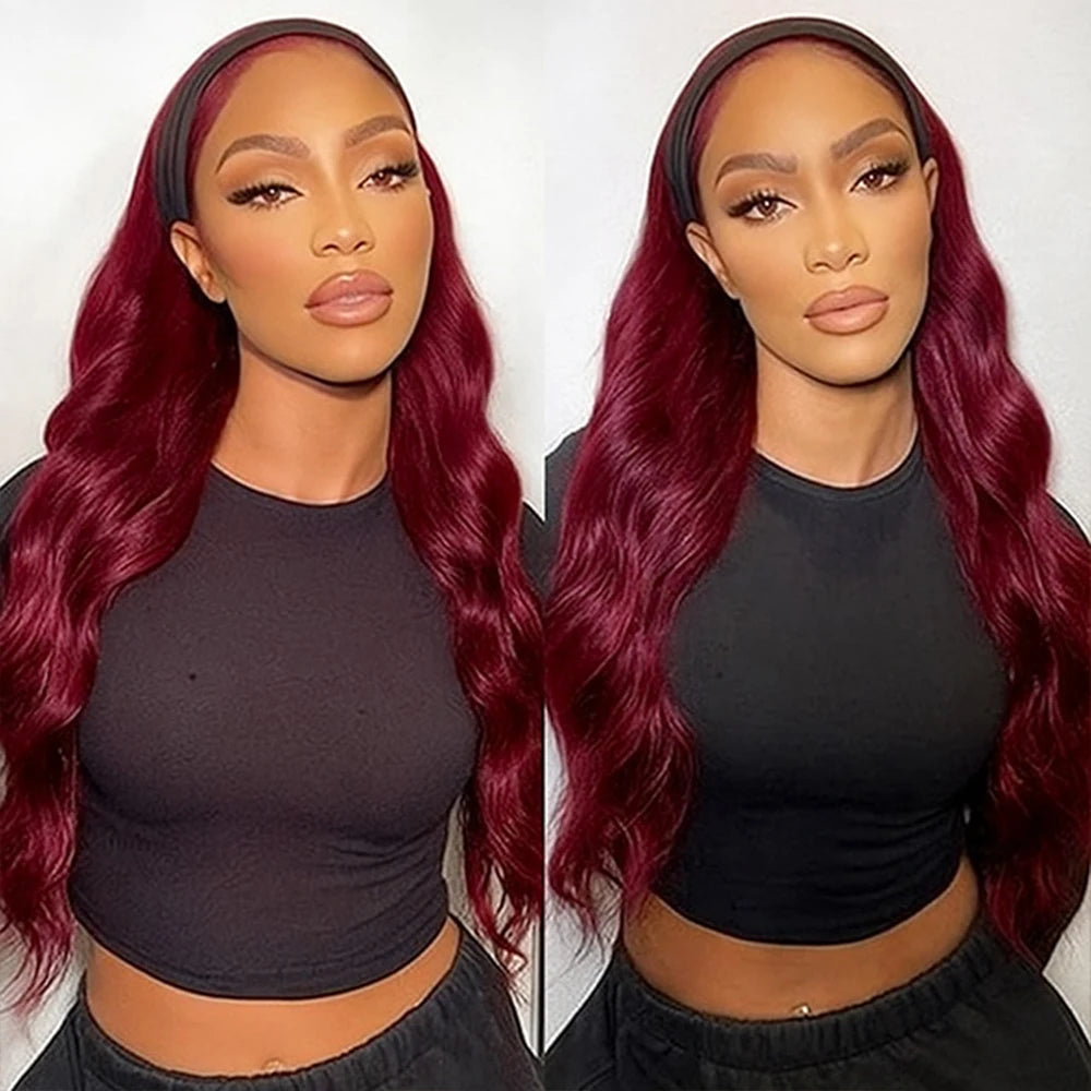 #99J Burgundy Body Wave Headband Glueless Wigs Machine Made Remy Human Hair Wig Brazilian 30 Inch 350 Ginger Human Hair Wigs