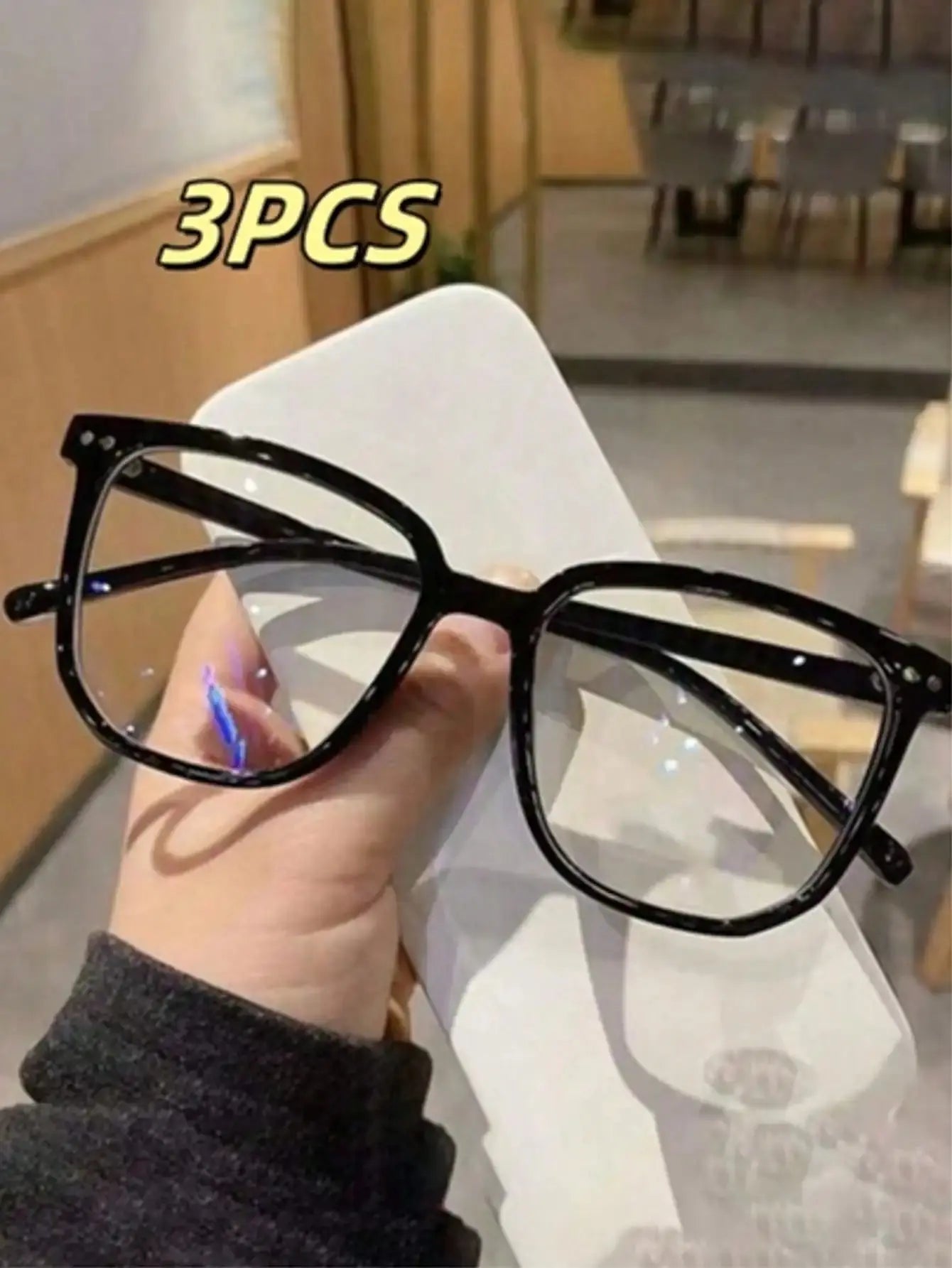3 pairs of universal fashion glasses, square-framed glasses, fashionable campus style, clear black frame, back to school NovaCart