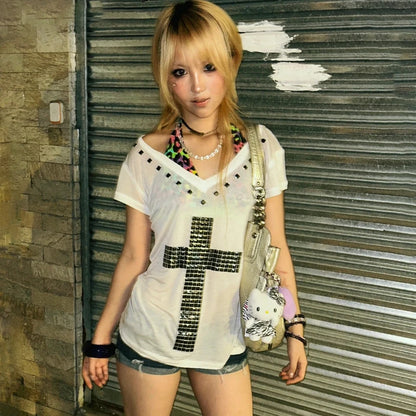 Karrram Japanese Y2k Metal Cross Print T-shirt Vintage Harajuku Short Sleeve Sheer Tops Trashy 2000s V-neck Streetwear Grunge NovaCart
