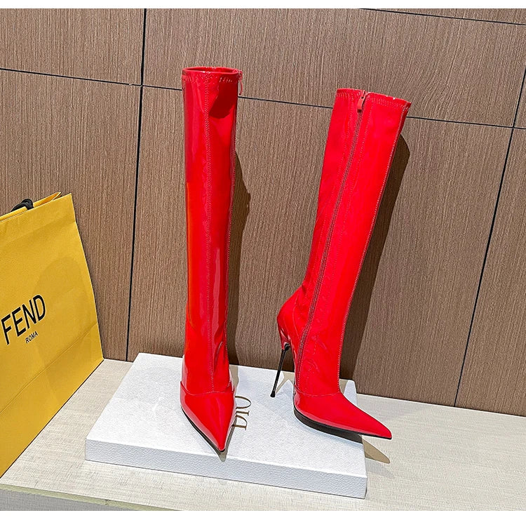 Knee-High Pointy Toe Women Boots 13cm Ultra Thin Steel High Heels Metal Heel Patent Leather Wide Calf Boots for Women Plus Size NovaCart