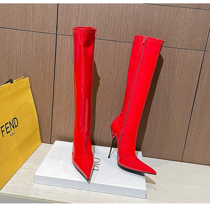 Knee-High Pointy Toe Women Boots 13cm Ultra Thin Steel High Heels Metal Heel Patent Leather Wide Calf Boots for Women Plus Size NovaCart