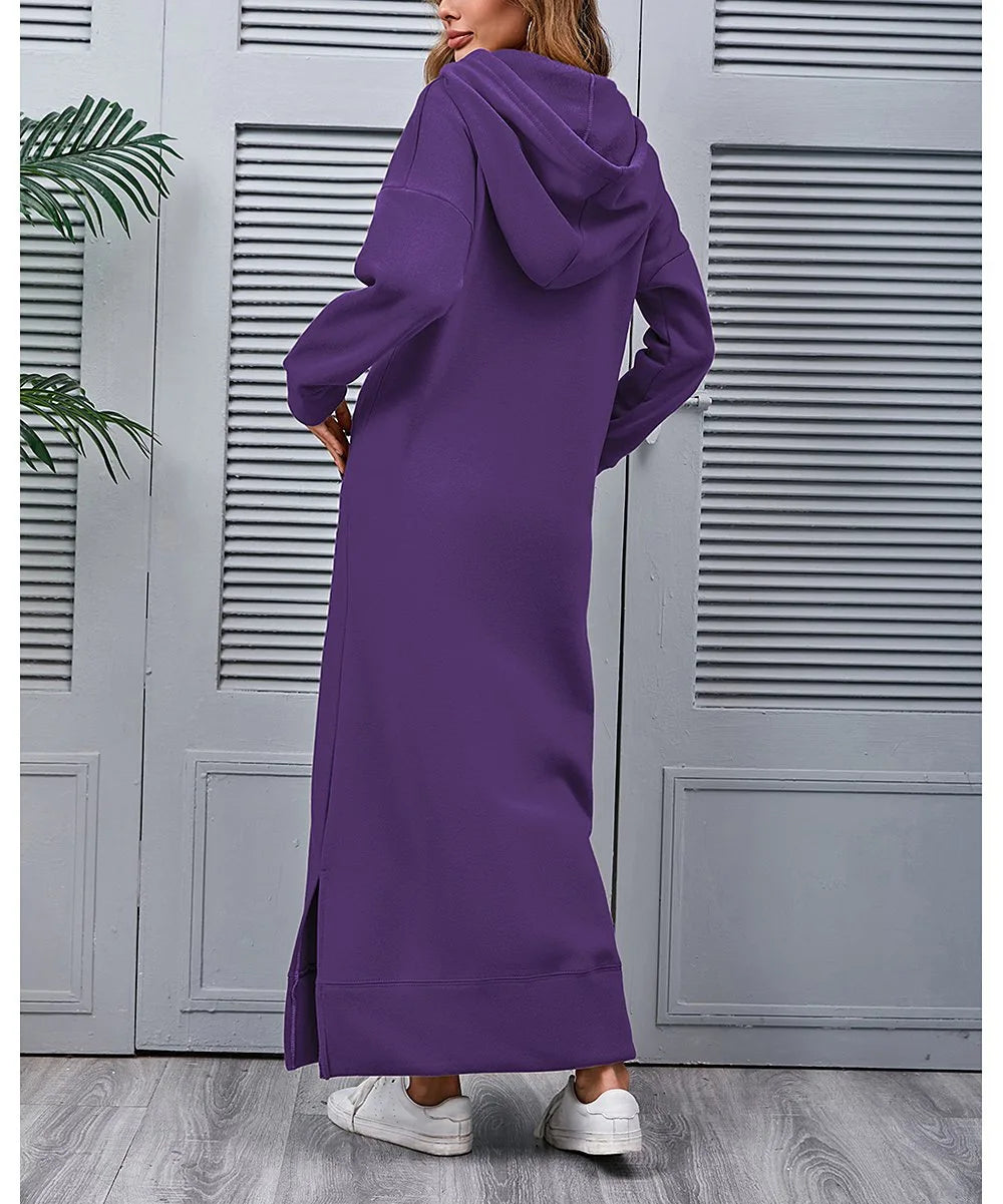 Hoodies Dress For Women Fashion 2025 Hem Lace-up Midi Robe Hooded Long Dress Autumn Winter Warm Casual Loose Sweatshirt Vestidos NovaCart