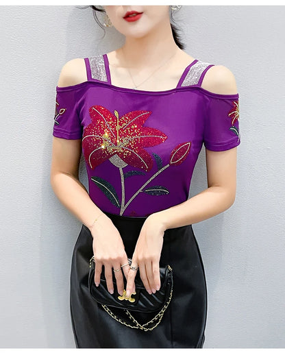 Women's Clothes New Design Sexy Off Shoulder Shiny Diamonds T-Shirts Luxury Brand Mesh Tees Tops Blouse Shirt NovaCart