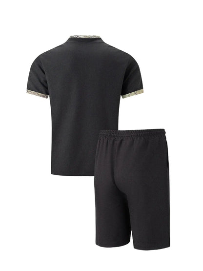 2025 Men Europe and the United States new summer Waffle solid color zip-up lapel short-sleeve suit shorts two sets NovaCart