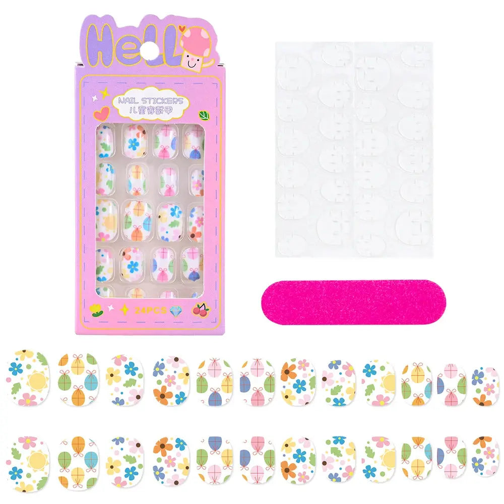 24Pcs/box Kids nails for Girl Cartoon Pattern False Nail Cute Child Fake Nails Tips Kawaii Acrylic Artificial Press on Nail+Tool NovaCart