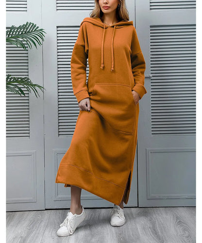 Hoodies Dress For Women Fashion 2025 Hem Lace-up Midi Robe Hooded Long Dress Autumn Winter Warm Casual Loose Sweatshirt Vestidos NovaCart
