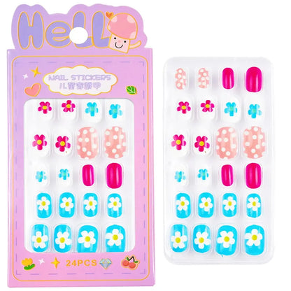 24Pcs/box Kids nails for Girl Cartoon Pattern False Nail Cute Child Fake Nails Tips Kawaii Acrylic Artificial Press on Nail+Tool NovaCart