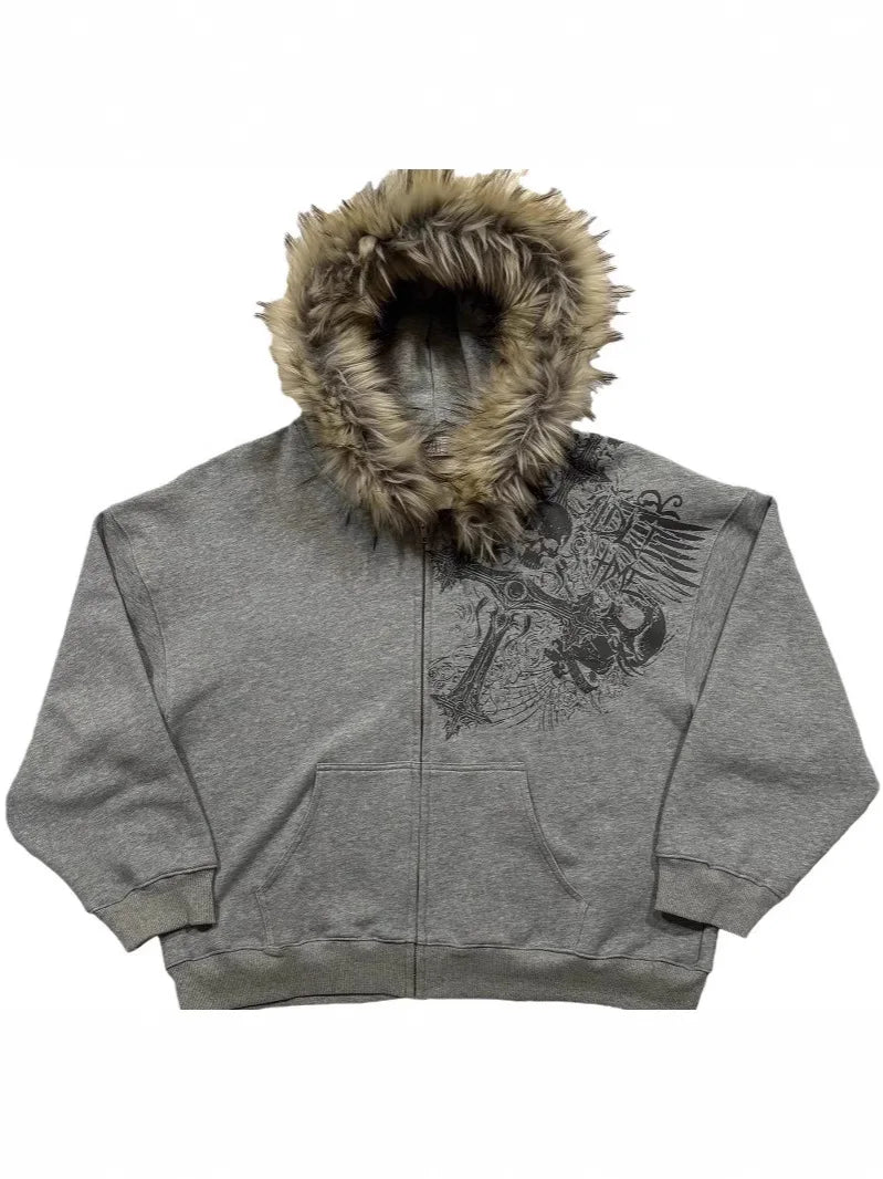 Autumn/Winter Y2k Women Aesthetic Harajuku Faux Fur Collar Hoodies Clothes Graphic Hip Hop Punk Gothic Zip Up Hoodies 2025 new NovaCart