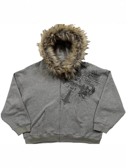 Autumn/Winter Y2k Women Aesthetic Harajuku Faux Fur Collar Hoodies Clothes Graphic Hip Hop Punk Gothic Zip Up Hoodies 2025 new NovaCart