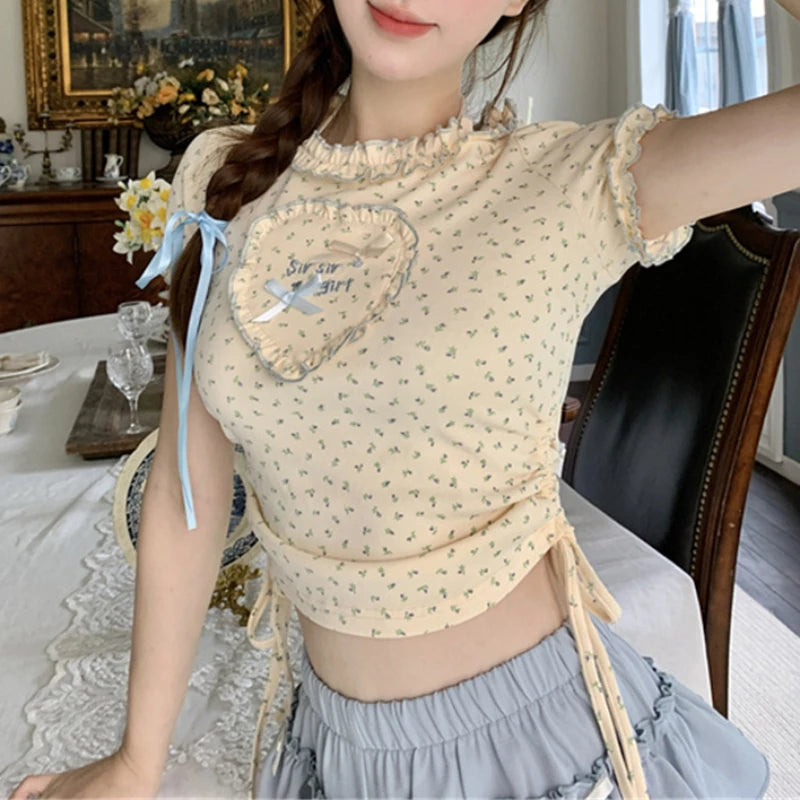 Deeptown Harajuku Kawaii Anime Graphic T Shirts Women Cutecore Cartoon Patchwork Tees Y2K Aesthetic Slim Crop Top Japanese 2000s NovaCart