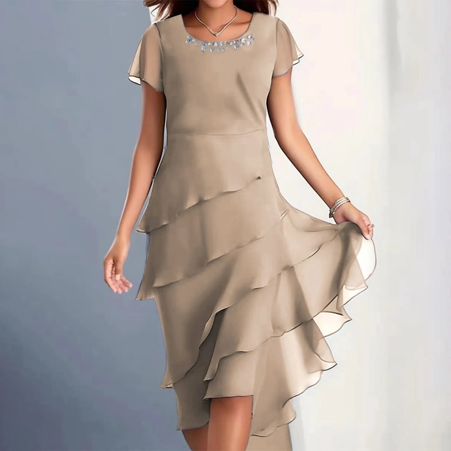 Plus Size Short Sleeve Round Neck Chiffon Paneled Dresses