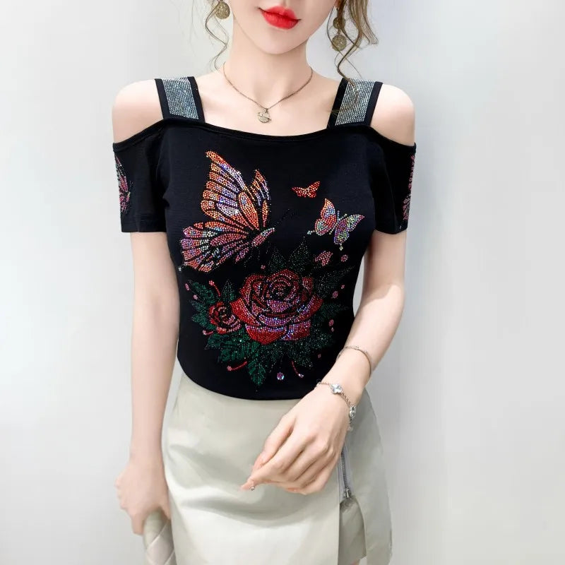 M-3XL Summer European Women's Clothes High Quality T-Shirt Luxury Hot Diamonds Design Slim Tees Sexy Girls Streetwear Tops NovaCart
