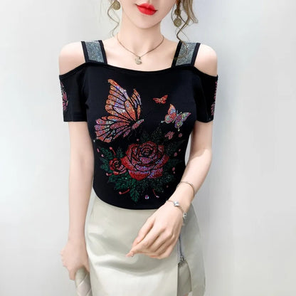 M-3XL Summer European Women's Clothes High Quality T-Shirt Luxury Hot Diamonds Design Slim Tees Sexy Girls Streetwear Tops NovaCart