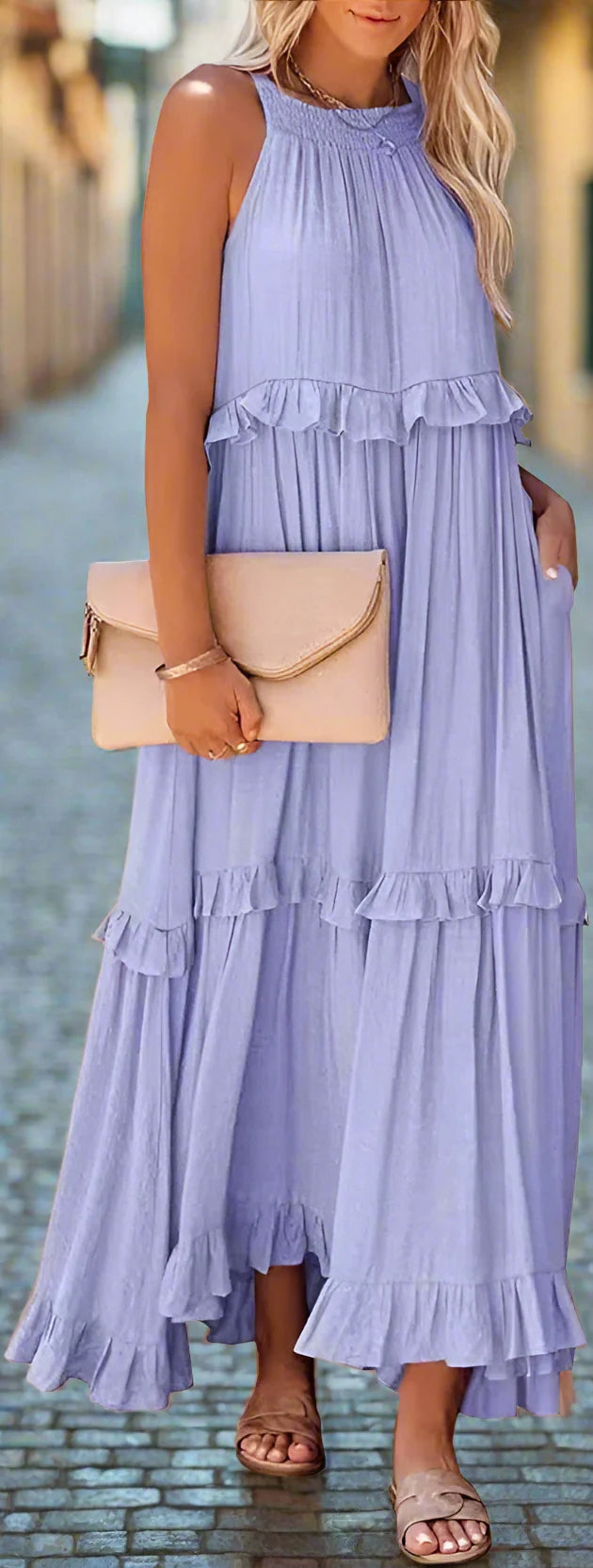 Elegant Apricot Ruffle Maxi Dress FitiqueFit