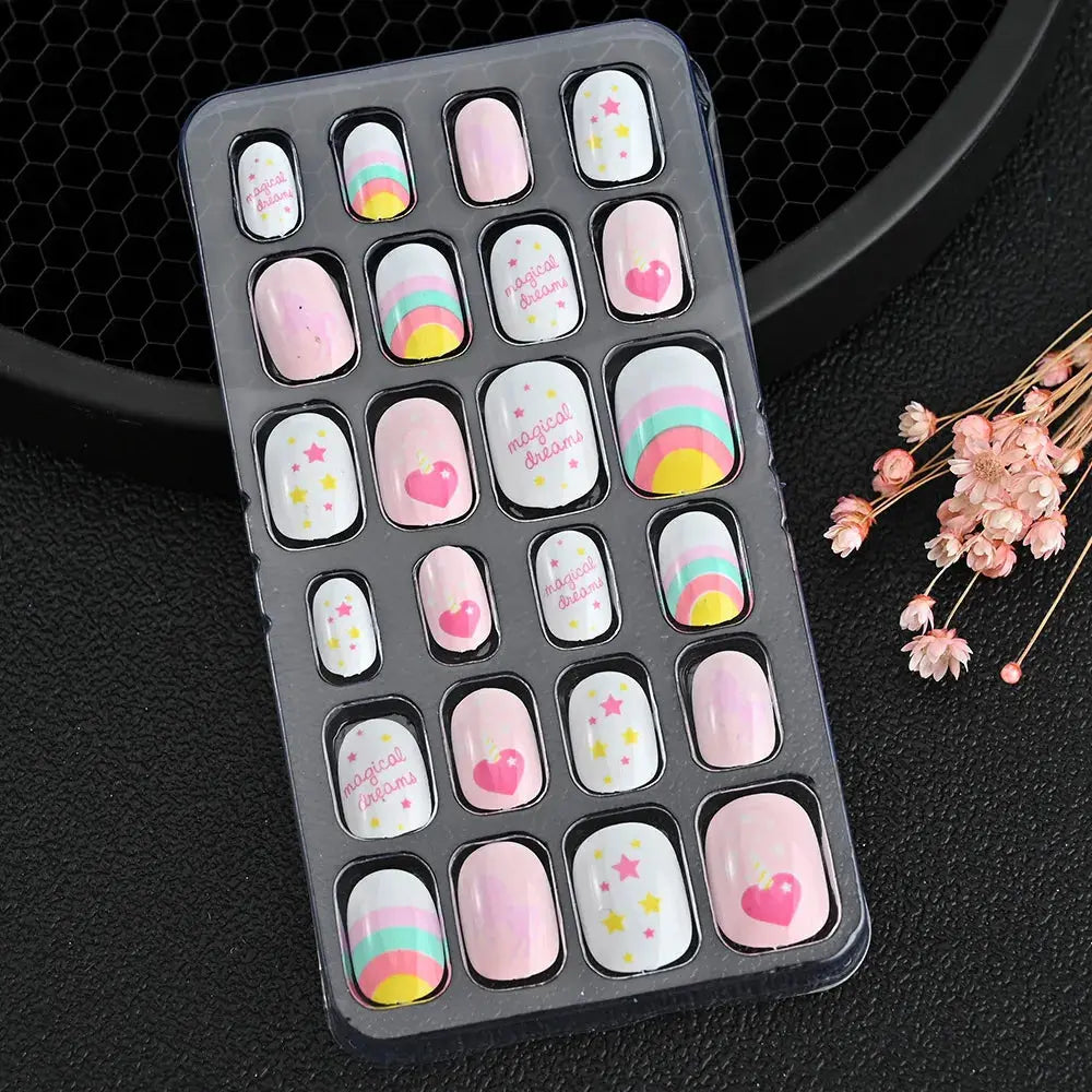 24Pcs/box Kids nails for Girl Cartoon Pattern False Nail Cute Child Fake Nails Tips Kawaii Acrylic Artificial Press on Nail+Tool NovaCart