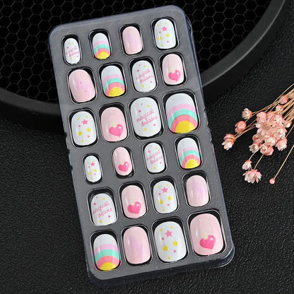 24Pcs/box Kids nails for Girl Cartoon Pattern False Nail Cute Child Fake Nails Tips Kawaii Acrylic Artificial Press on Nail+Tool NovaCart