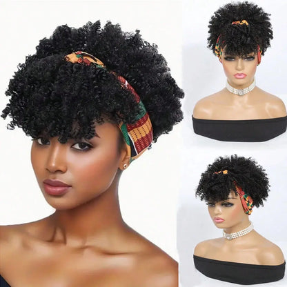 Black Headband Wigs For Women Afro Kinky Curly Wig With Synthetic Short Hair Wigs With Headband Attached Headwrap Wigs NovaCart