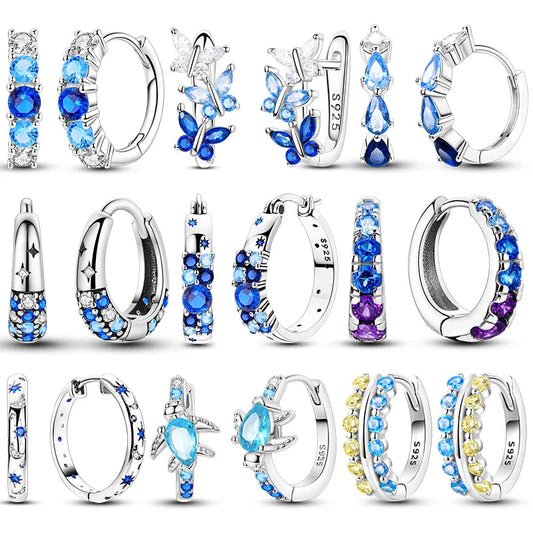 Original 925 Sterling Silver Blue Zirconium Butterfly Earrings Colored Hoop Earring Women Female Party Fine Earring Jewelry Gift Pi-Mart