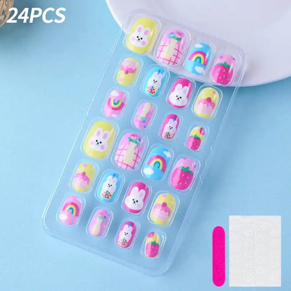 24Pcs/box Kids nails for Girl Cartoon Pattern False Nail Cute Child Fake Nails Tips Kawaii Acrylic Artificial Press on Nail+Tool NovaCart