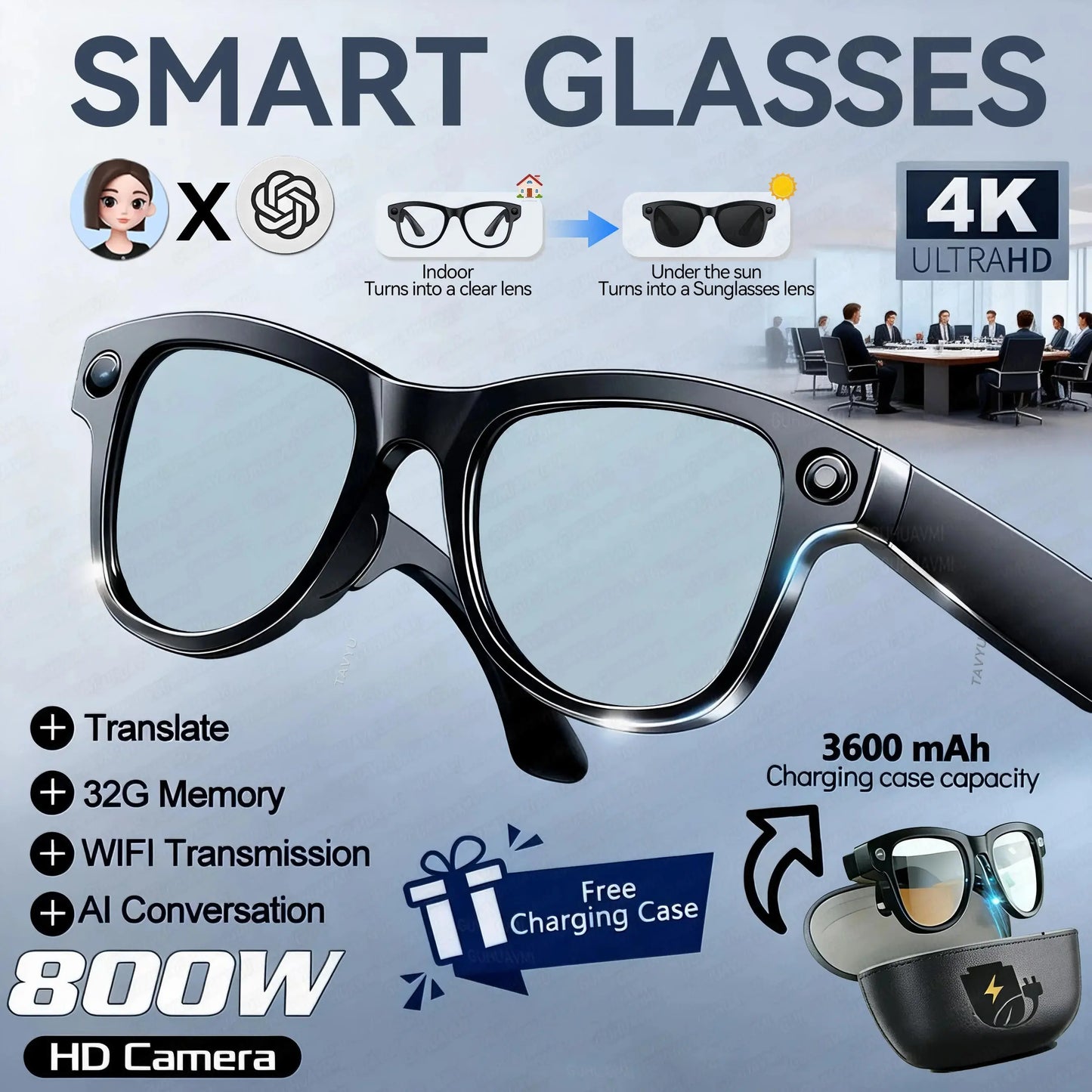 2026 New 32G Memory 800W 4K Camera Smart Glasses Men Photos&Videos 3600mAh Power Bank 120+Languages Translation AI Glasses Women NovaCart