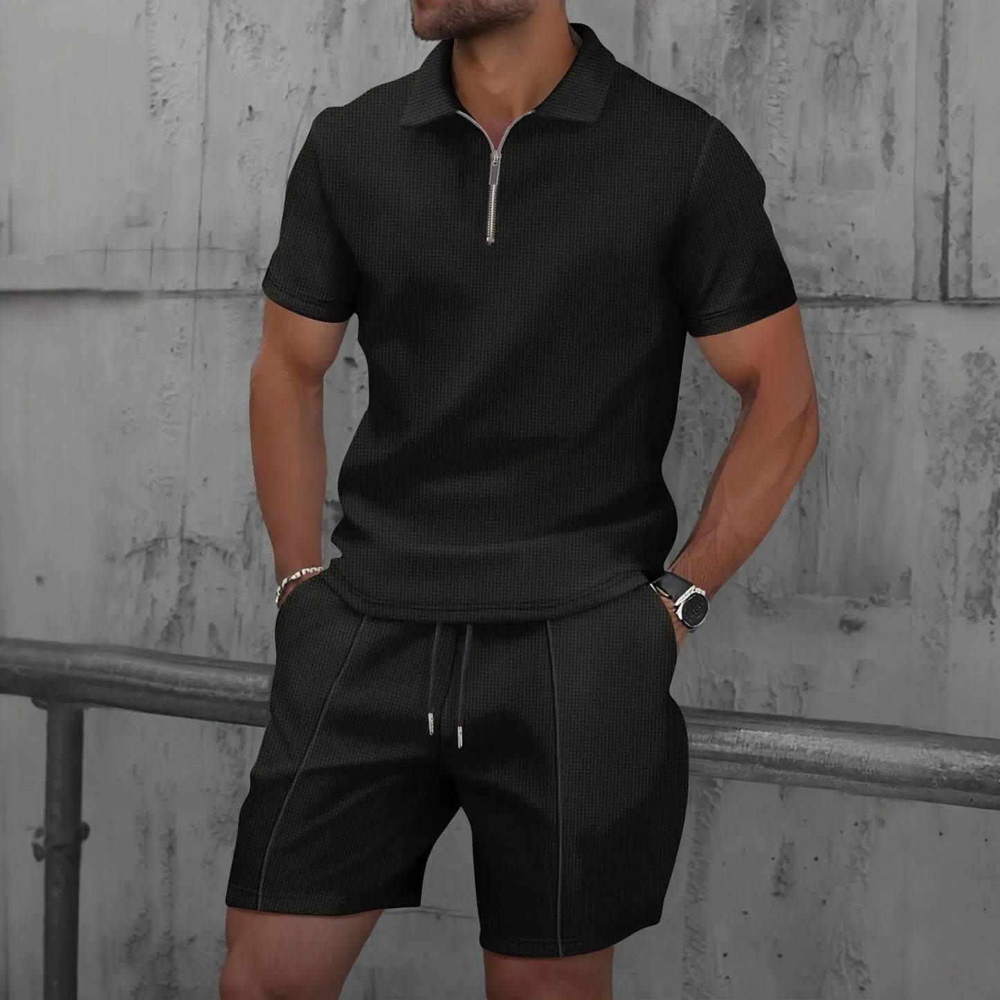 2025 Men Europe and the United States new summer Waffle solid color zip-up lapel short-sleeve suit shorts two sets NovaCart