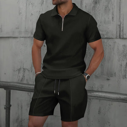 2025 Men Europe and the United States new summer Waffle solid color zip-up lapel short-sleeve suit shorts two sets NovaCart