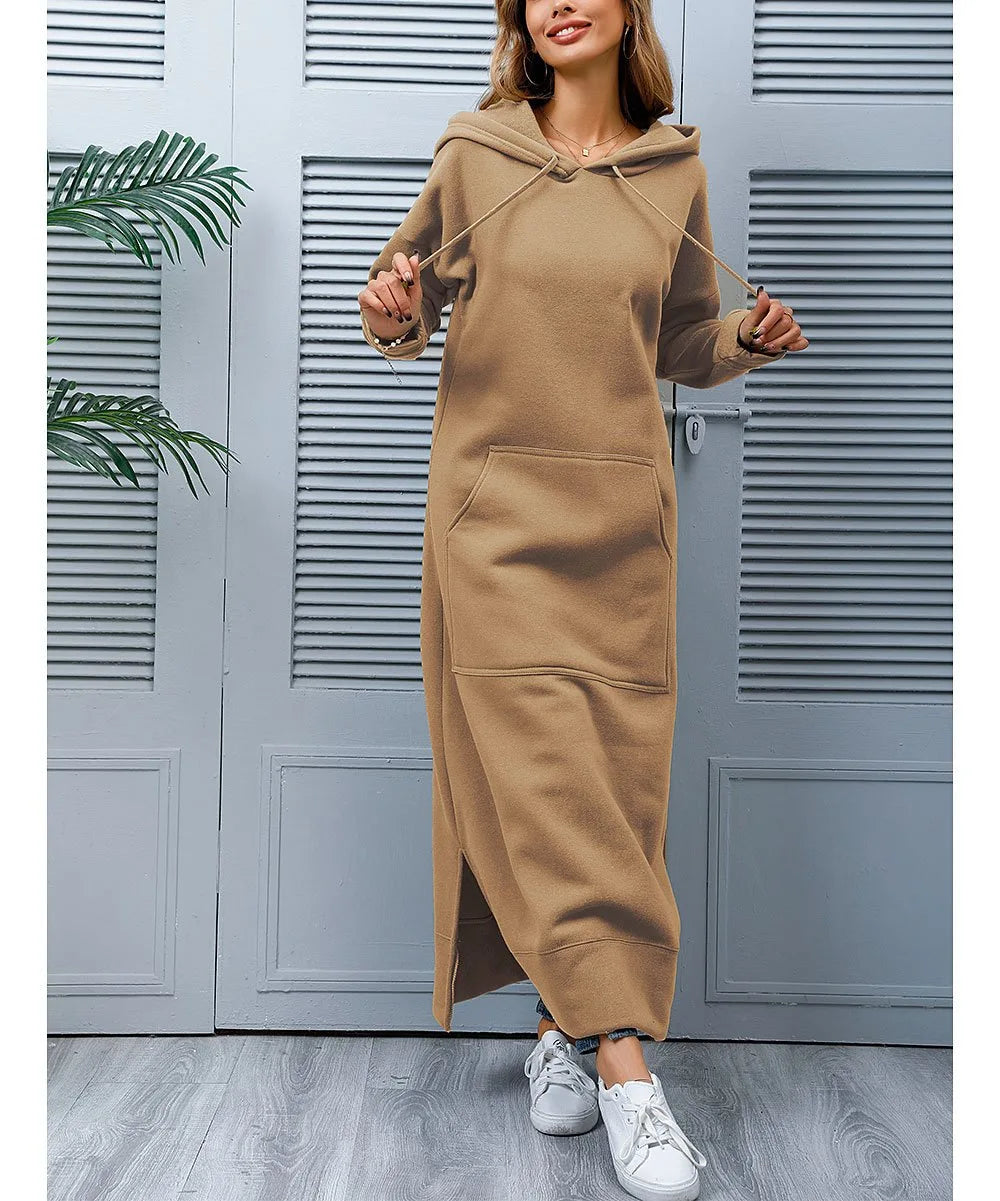 Hoodies Dress For Women Fashion 2025 Hem Lace-up Midi Robe Hooded Long Dress Autumn Winter Warm Casual Loose Sweatshirt Vestidos NovaCart
