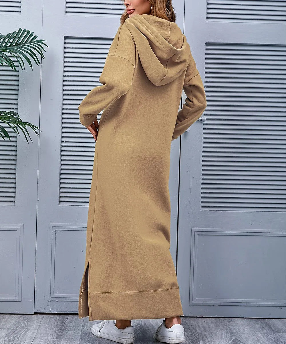 Hoodies Dress For Women Fashion 2025 Hem Lace-up Midi Robe Hooded Long Dress Autumn Winter Warm Casual Loose Sweatshirt Vestidos NovaCart