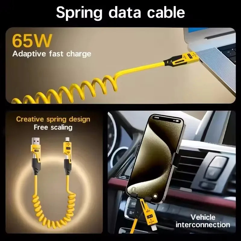 4 in 1 65W Spring Short Data Cable 6A USB Type C Spring Telescopic Quick Charger Wire Spring USB Cable for iPhone 16 15 14 13 Pi-Mart