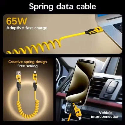 4 in 1 65W Spring Short Data Cable 6A USB Type C Spring Telescopic Quick Charger Wire Spring USB Cable for iPhone 16 15 14 13 Pi-Mart