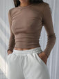 O Neck Long Sleeve Shirt Women Ribbed Sexy Cropped Tops Casual Skinny T Shirts White