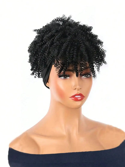 Headband Wigs for Synthetic Short Afro Kinky Curly Wigs Dark Brown Wig with Bangs Wrap Wigs 2 in 1 synthetic Wig Drawstring NovaCart