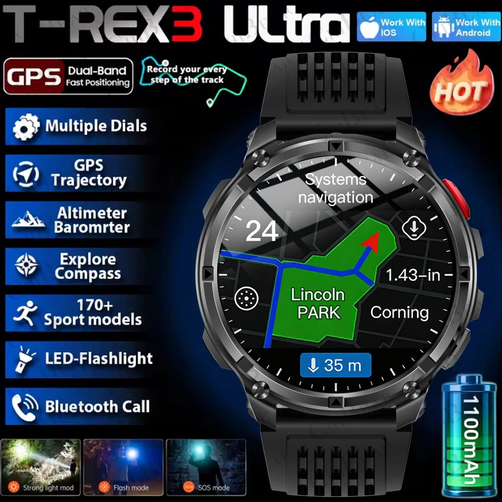 2026 New T-Rex3 Pro 1100mAh Battery Smart Watch GPS path 5ATM Waterproof Sports Run tracker Outdoors Compass Military Smartwatch NovaCart