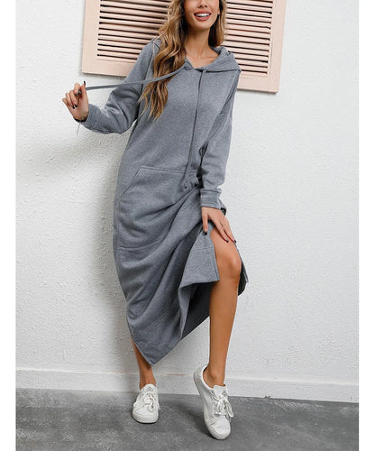 Hoodies Dress For Women Fashion 2025 Hem Lace-up Midi Robe Hooded Long Dress Autumn Winter Warm Casual Loose Sweatshirt Vestidos NovaCart