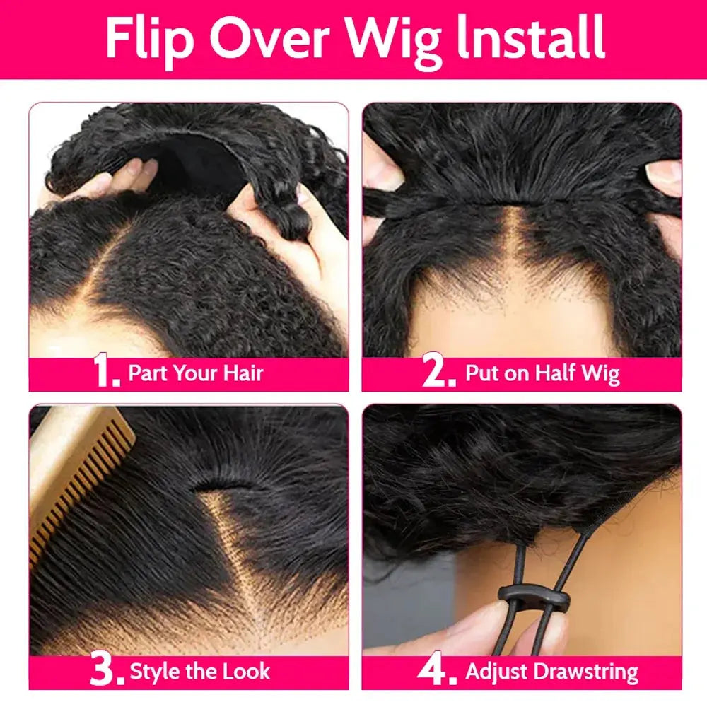 16 Inch 3 IN 1 Half Wig With Drawstring Seamless Human hair Wigs Kinky Curly Headband Wig Upgrade for Women Summer Machine Wigs NovaCart